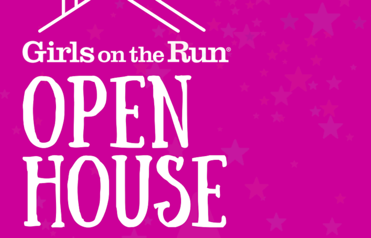 Blue decorative image with the text, "Girls on the Run Open House. September 26th, 2023 4:00 PM - 7:00 PM"